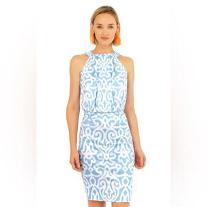 Gretchen Scott Bougie Dress Size S, Arabesque Blue White Sleeveless Coastal Tie